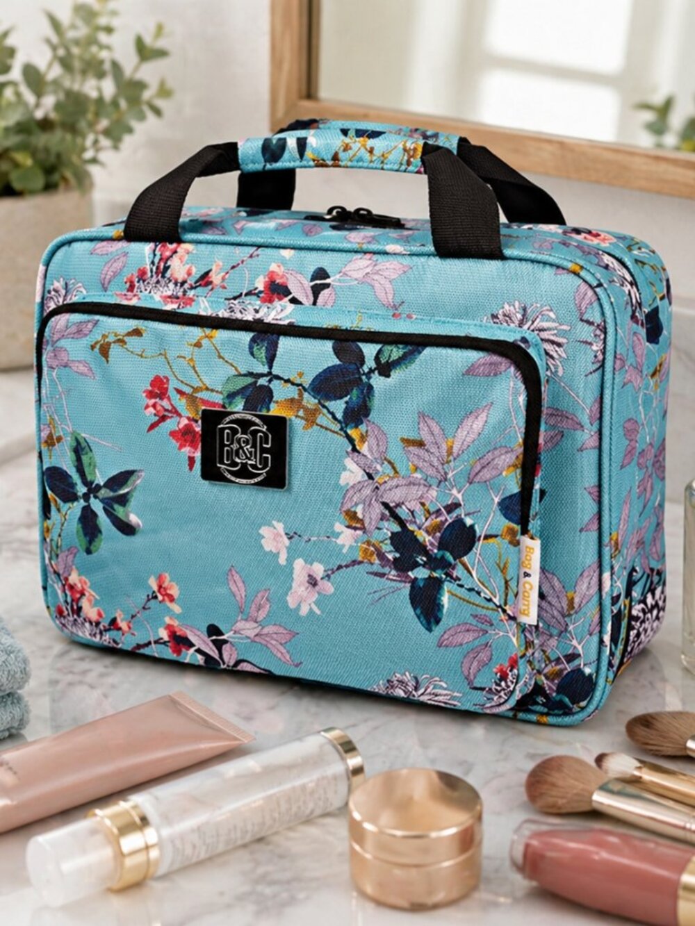 Bag & Carry Large Hanging Travel Cosmetic Bag Turquoise Floral